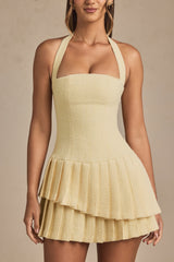 Asymmetric Layered Halterneck Mini Dress in Pastel Yellow