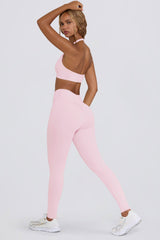 Brushed Jersey Ruched Mid-Rise Leggings in Pale Pink Marl