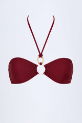 Hardware-Detail Ruched Halterneck Bikini Top in Dark Cherry