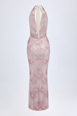 Embellished Cowl-Neck Maxi Dress in Pink White Hotfix
