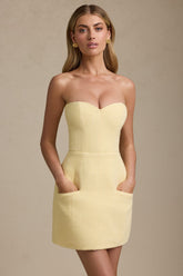 Sweetheart-Neck Strapless Structured Mini Dress in Pastel Yellow