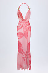 Cowl-Neck Hardware-Detail Maxi Dress in Pink Orchid Print