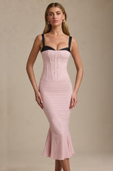 Layered Bra-Detail Fishtail Midaxi Dress in Pink Polka Dot