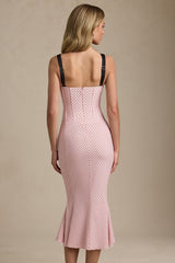 Layered Bra-Detail Fishtail Midaxi Dress in Pink Polka Dot