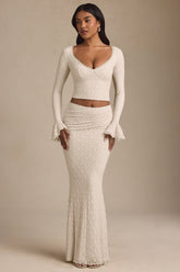 Draped Low-Rise Lace Maxi Skirt in Ivory