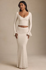 Draped Low-Rise Lace Maxi Skirt in Ivory