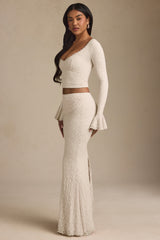 Draped Low-Rise Lace Maxi Skirt in Ivory