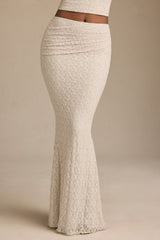 Draped Low-Rise Lace Maxi Skirt in Ivory