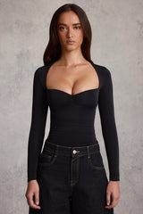 Soft Jersey Sweetheart Ruched Long-Sleeve Top in Black