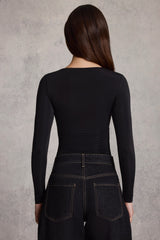 Soft Jersey Sweetheart Ruched Long-Sleeve Top in Black