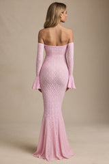 Off-Shoulder Ruffle Lace Maxi Dress in Soft Pink