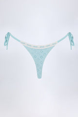 Broderie Anglaise Side-Tie Thong Bikini Bottoms in Powder Blue