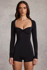 Soft Jersey Sweetheart Long-Sleeve Mini Playsuit in Black