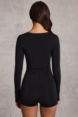 Soft Jersey Sweetheart Long-Sleeve Mini Playsuit in Black