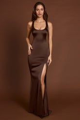 Scoop-Neck Lace-up Back Maxi Dress in Chocolate Brown