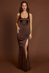 Scoop-Neck Lace-up Back Maxi Dress in Chocolate Brown