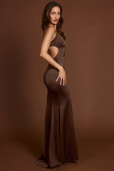 Scoop-Neck Lace-up Back Maxi Dress in Chocolate Brown