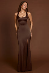 Scoop-Neck Lace-up Back Maxi Dress in Chocolate Brown