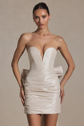 Satin Bow-Detail Strapless Mini Dress in Ivory