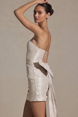 Satin Bow-Detail Strapless Mini Dress in Ivory