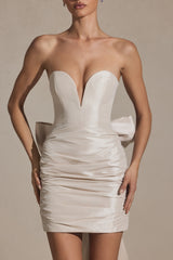 Satin Bow-Detail Strapless Mini Dress in Ivory