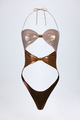 Panelled Cut-out Swimsuit in Bronze Gold