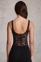Sheer Lace Scalloped Plunge-Neck Bodysuit in Black