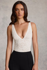 Sheer Lace Scalloped Plunge-Neck Bodysuit in White