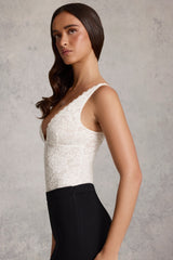 Sheer Lace Scalloped Plunge-Neck Bodysuit in White