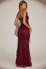 Embellished Appliqué Soft-Scoop Corset Gown in Wine Red