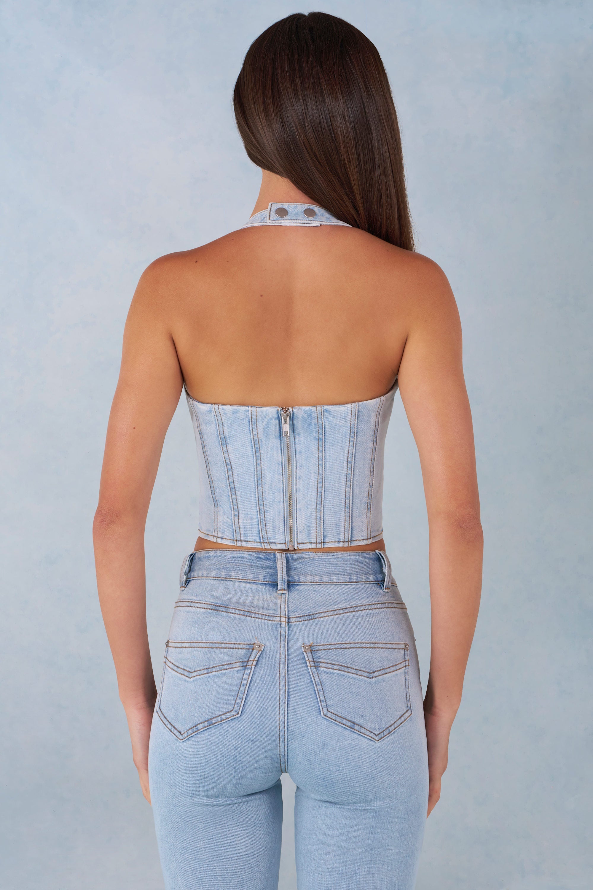 Halterneck Denim Corset Style Top  in Light Denim