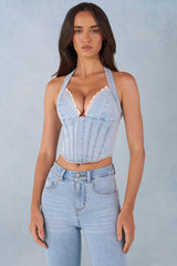Halterneck Denim Corset Style Top  in Light Denim