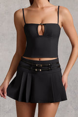 Belted Low-Rise Pleated Mini Skirt in Black