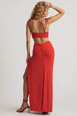 Textured Jersey Asymmetric Maxi Dress in Chilli Red
