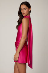 Asymmetric Scarf-Detail Mini Dress in Hot Pink