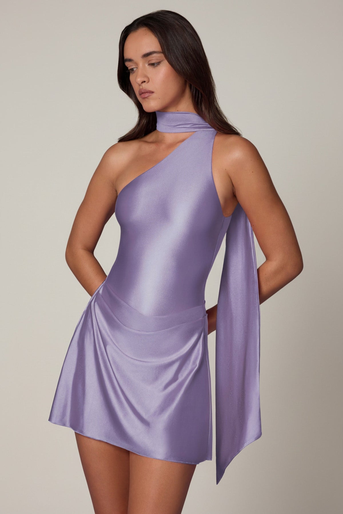 Asymmetric Scarf-Detail Mini Dress in Lilac