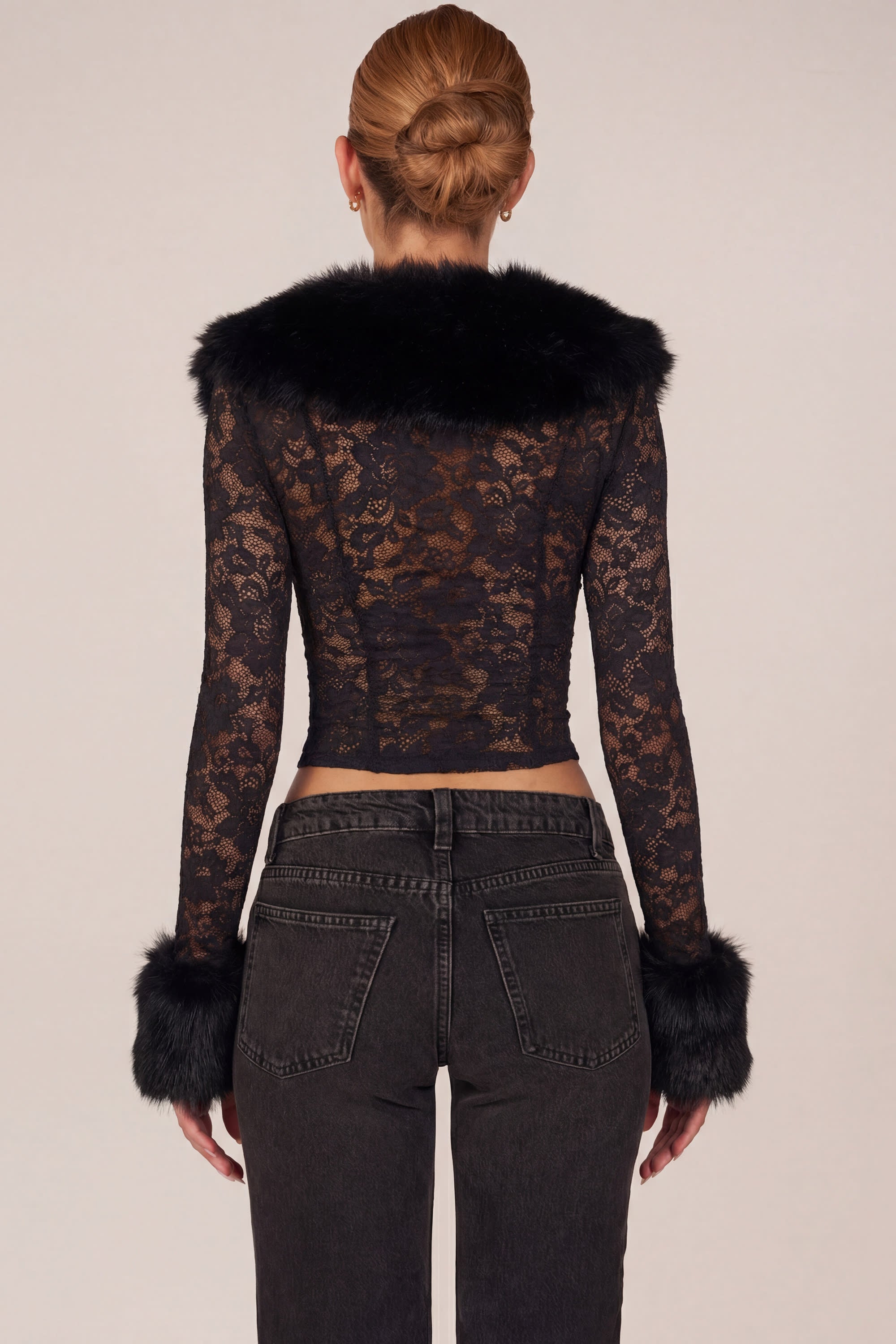 Sheer Lace Faux-Fur-Trim Cardigan in Black