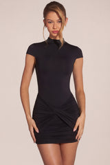 Jersey Turtleneck Ruched Backless Mini Dress in Black