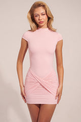 Jersey Turtleneck Ruched Backless Mini Dress in Pink