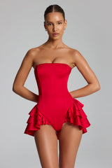Ruffled Lace-Up Corset Playsuit in Fire Red