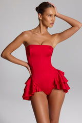 Ruffled Lace-Up Corset Playsuit in Fire Red