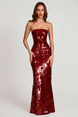 3D Embellished Bandeau Maxi Dress in Red