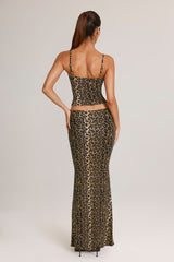 Modal Mid-Rise Fishtail Maxi Skirt in Leopard Print