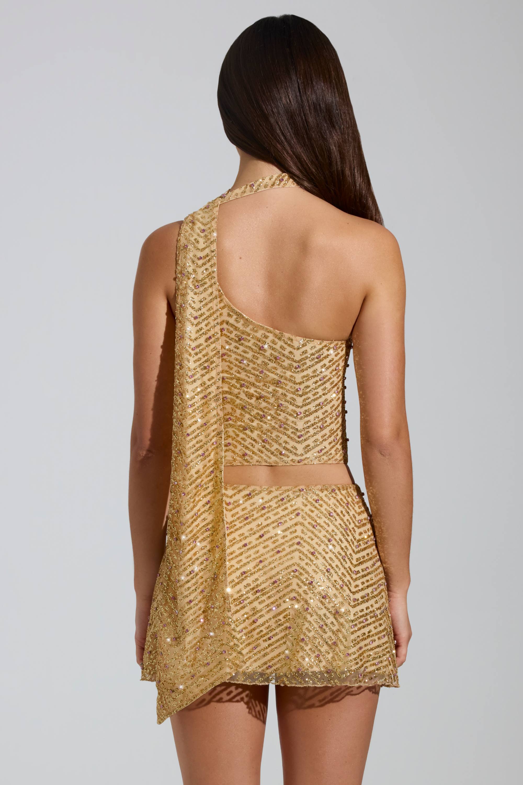 Embellished Asymmetric Scarf-Detail Top in Gold