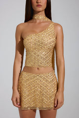 Embellished Asymmetric Scarf-Detail Top in Gold