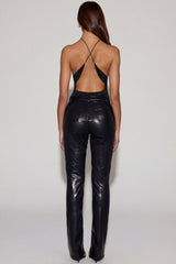 Faux Croc-Leather Straight-Leg Trousers in Black