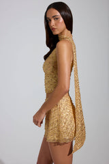 Embellished Low-Rise A-Line Micro Mini Skirt in Gold