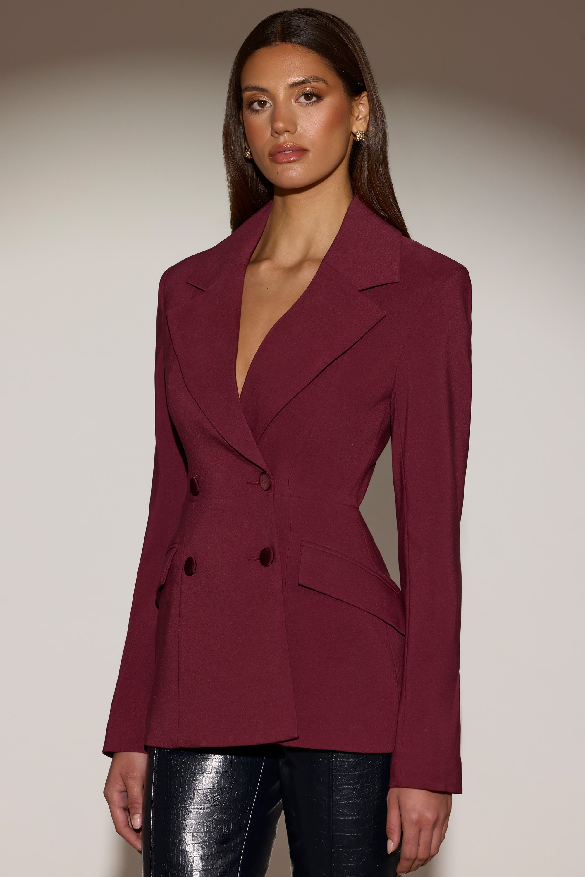 Structured Double-Breasted Blazer in Burgundy