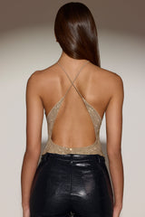 Embellished Jersey Halterneck Backless Top in Gold