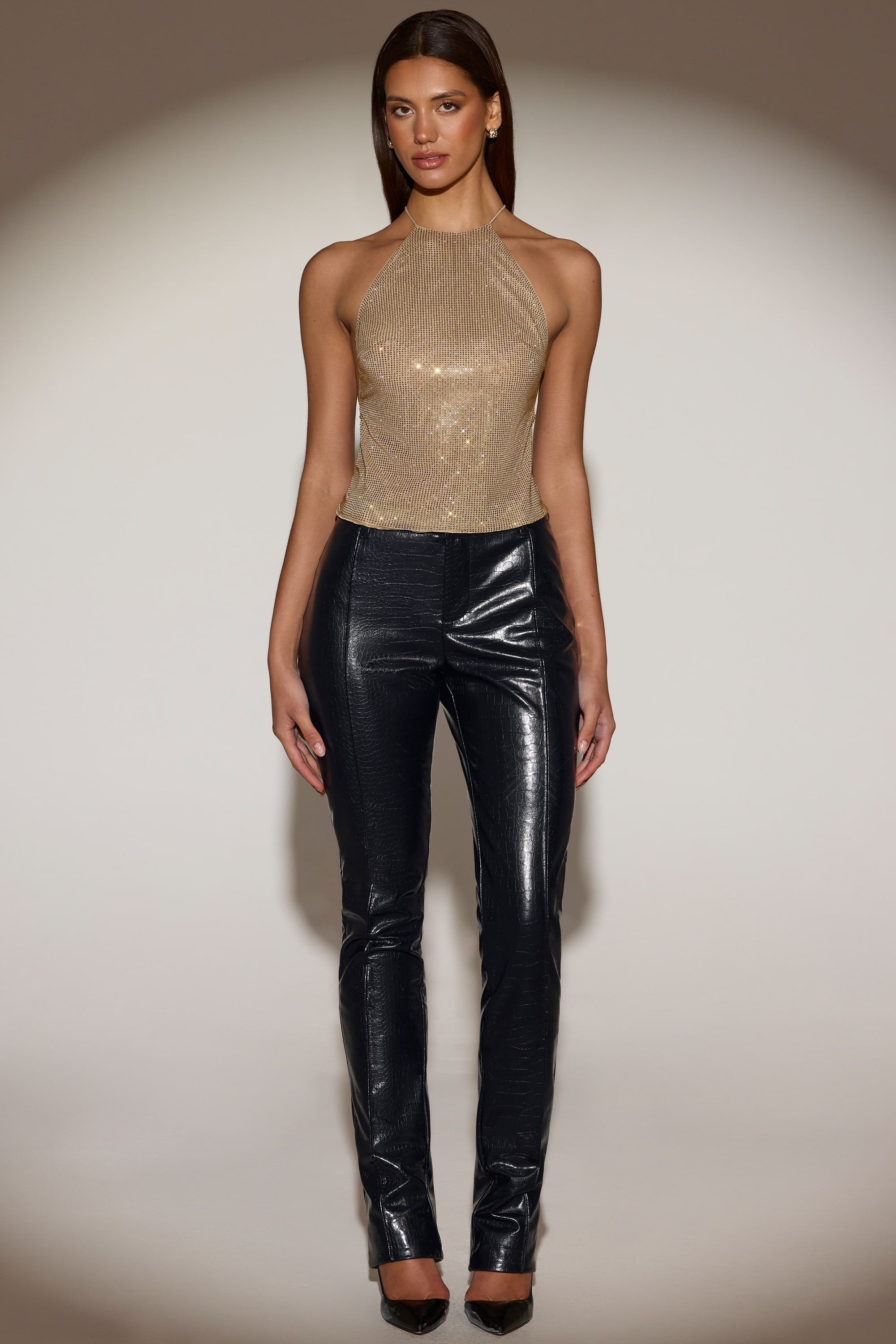 Embellished Jersey Halterneck Backless Top in Gold